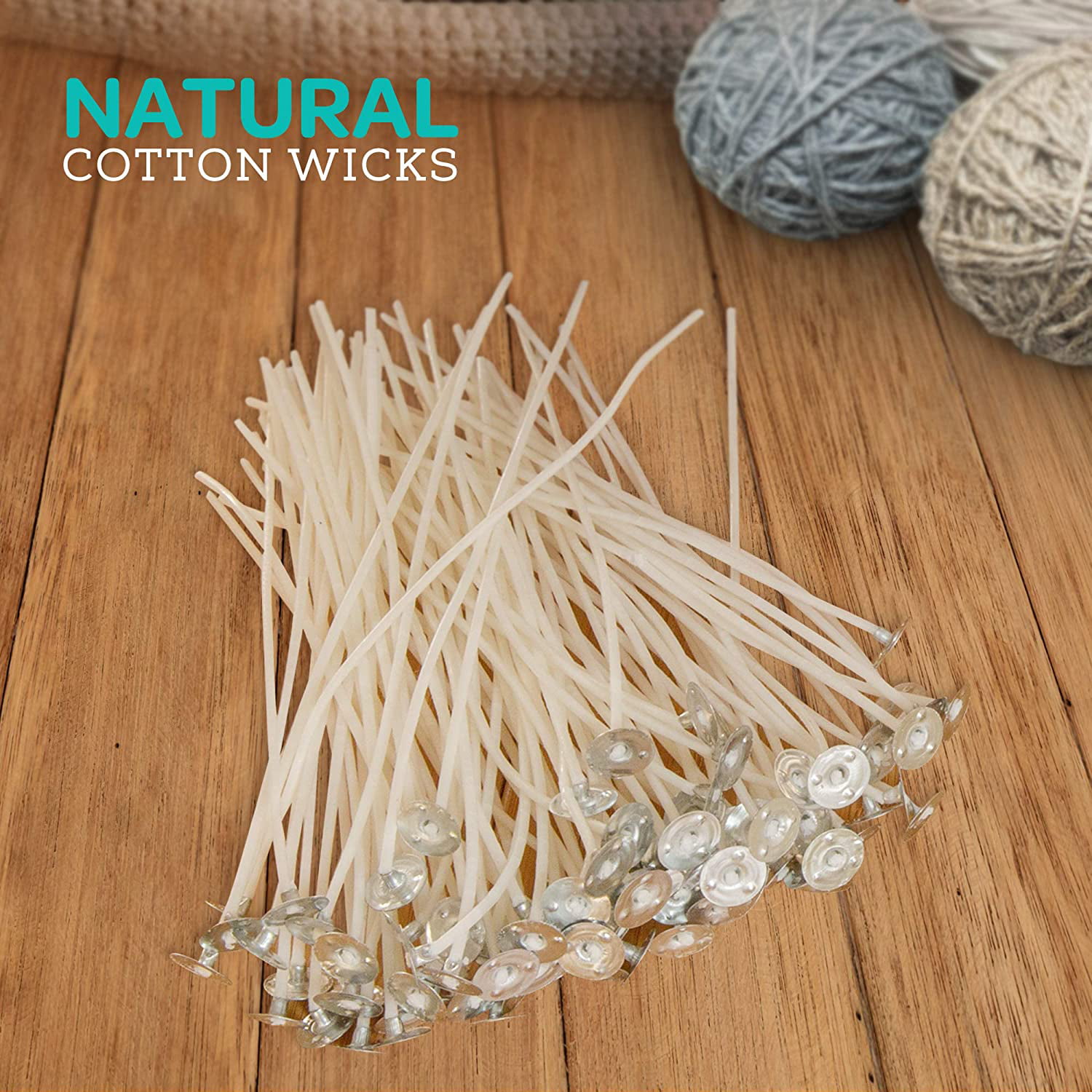 Hearts & Crafts Candle Wicks - 100% Natural Cotton, Pre-Waxed, Low Smoke 6 inch Wicks for DIY Candle Making, 100 Wicks Plus 2 Centering Devices