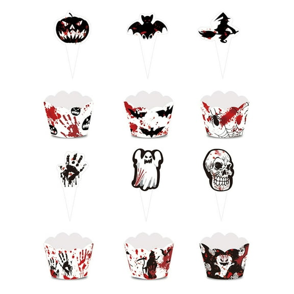 comerut 6 Sets Cupcake Toppers Insert And Paper Cups Halloween Theme Printing Cupcake Picks Create Atmosphere Food Grade Halloween Party Cake Decorations Supplies