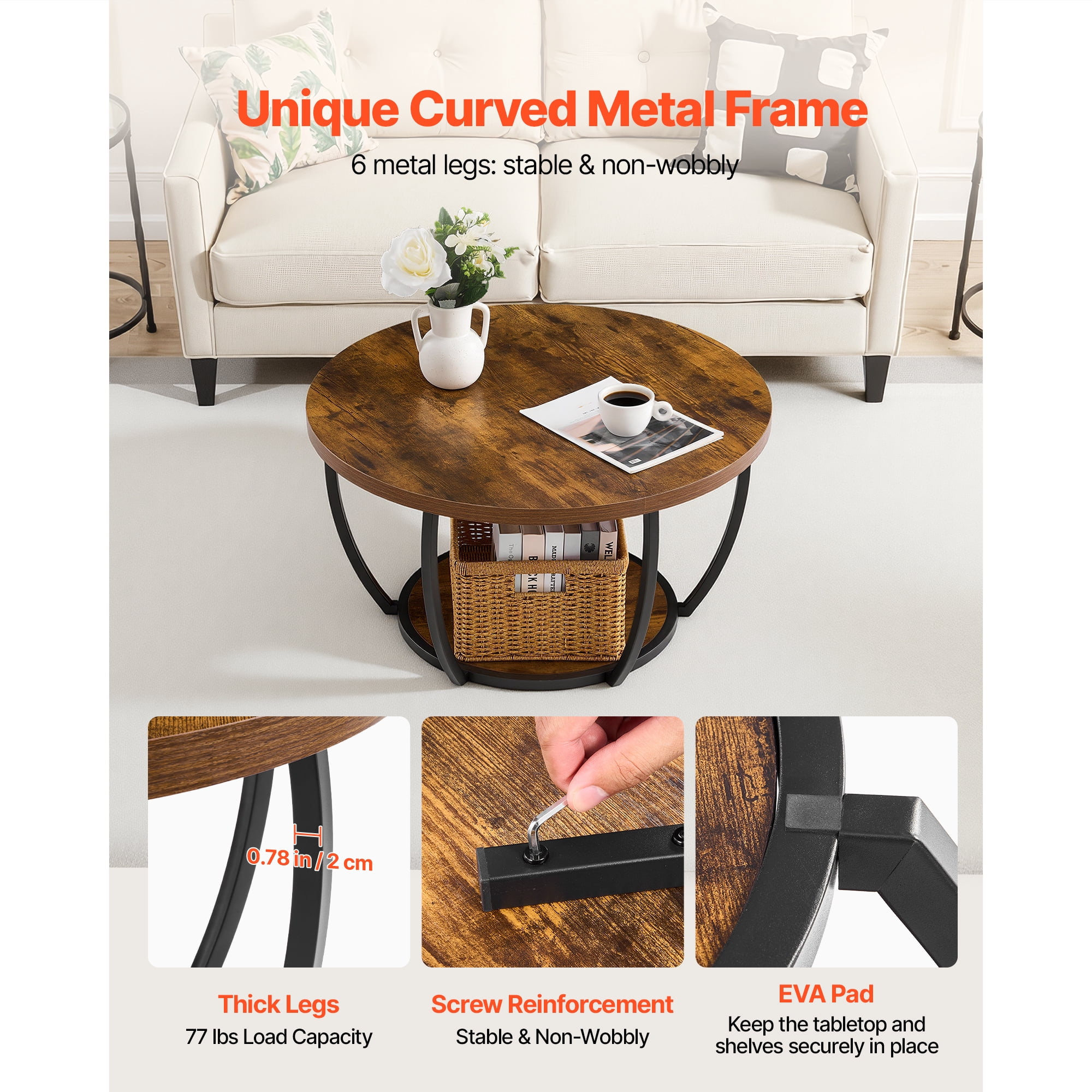 KFFKFF Round Coffee Table, Modern 2-Tier Wooden Center Table with Open Storage, Minimalist Metal Frame Design for Living Room or Office, Easy to Assemble, Rustic Brown Finish
