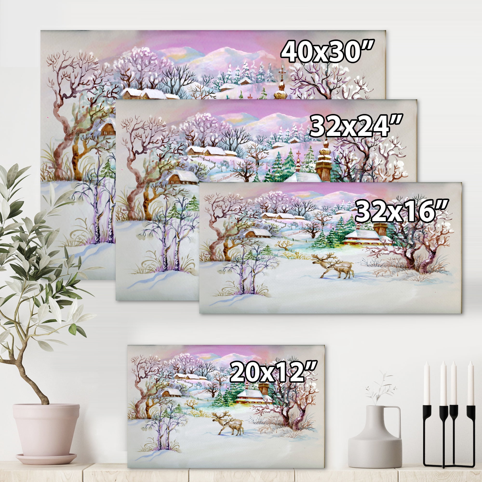 Designart ' Winter VIllage Life Landscape ' Traditional Canvas Wall Art Print