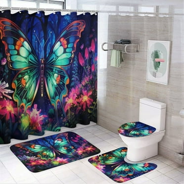 Wildflowers Butterfly 4 Piece Shower Curtain Sets, with Non-Slip Rugs, Toilet Lid Cover And Bath Mat, for Bathroom Decor Set