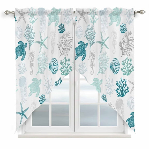 Turquoise Coastal Kitchen Window Curtains, Swag Curtains Valance for Bedroom Living Room Bathroom, Nautical Summer Beach Coral Sea Turtle Rod Pocket Window Curtain Block Drapes 2 Panels 28"x36"