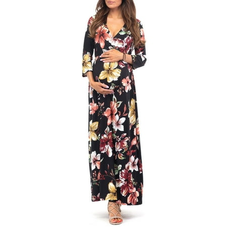 

Mother Bee Maternity V-Neck 3/4 Sleeve Ruched Waist Dress