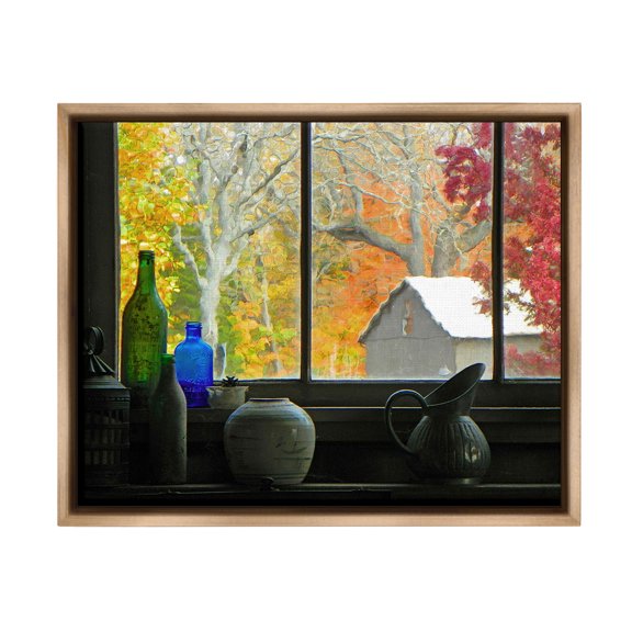 Stupell Industries Fall Foliage in Window Landscape Photography Brown Floater Framed Canvas Art Print Wall Art, 31 x 25