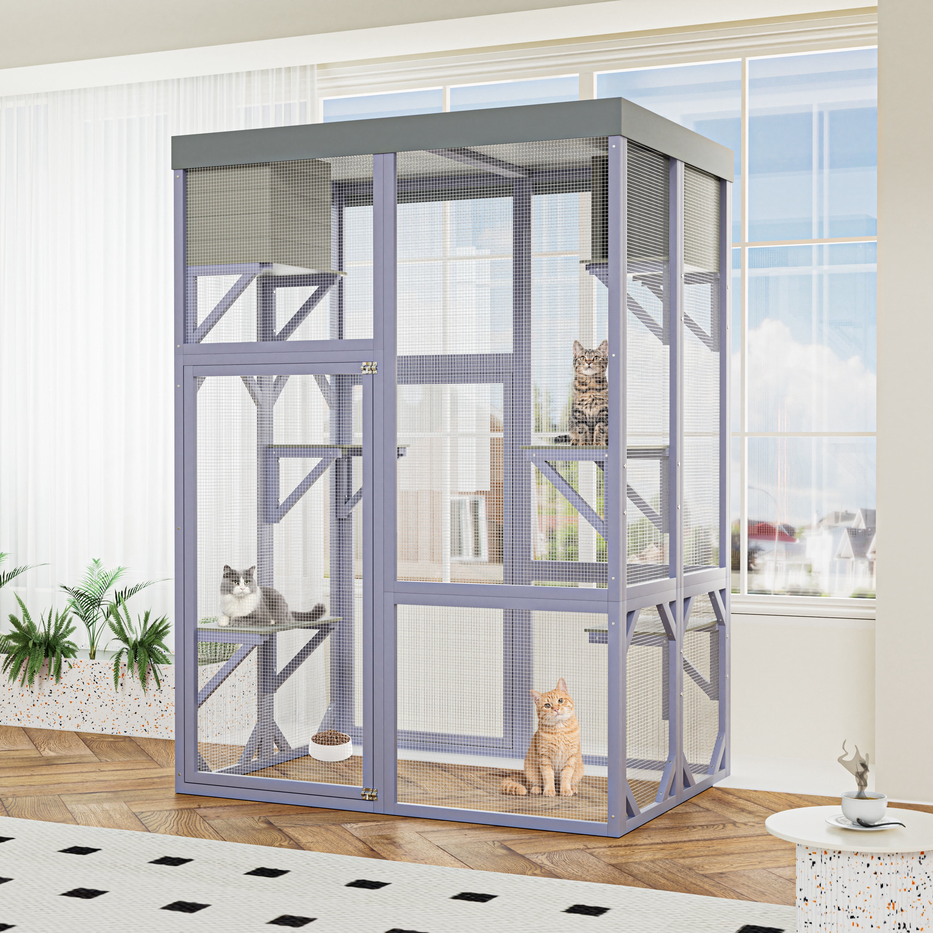 70" Catio Outdoor Cat Enclosure Indoor cage, large Wooden Cat House with Waterproof Roof, 4-Tier Playing Platforms & 2 Napping Houses with Connectable Window Door for Multiple Cats (Grey)