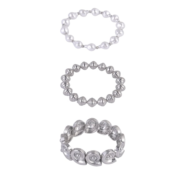 Time and Tru Silvertone 3pc Metal Swirl Shell and Acrylic Pearl Stretch Bracelet Set