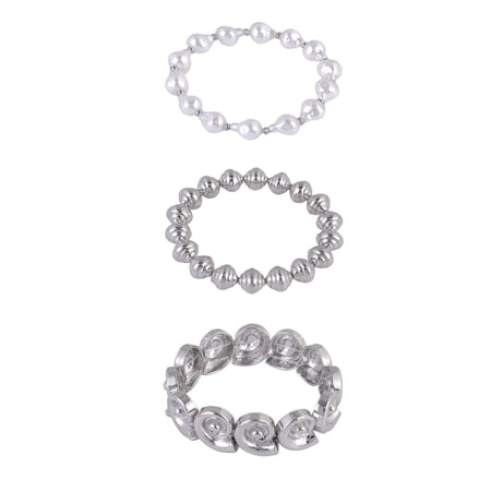 Time and Tru Silvertone 3pc Metal Swirl Shell and Acrylic Pearl Stretch Bracelet Set
