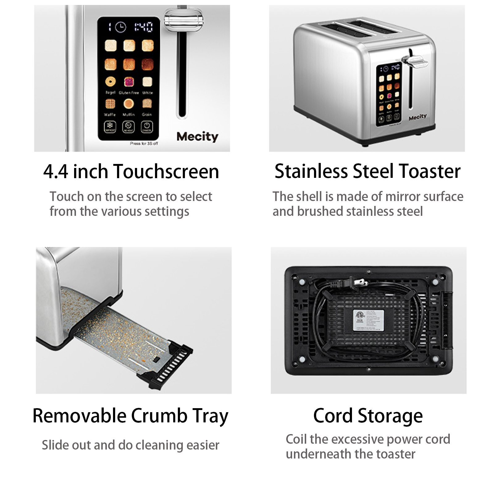 Mecity 2-Slice Touchscreen Stainless Steel Toaster, Silver photo 3