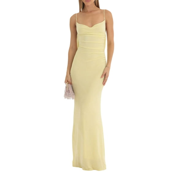 Fortune Women Backless Long Dress Solid Color Cowl Neck Spaghetti Strap Slim Evening Party Dress