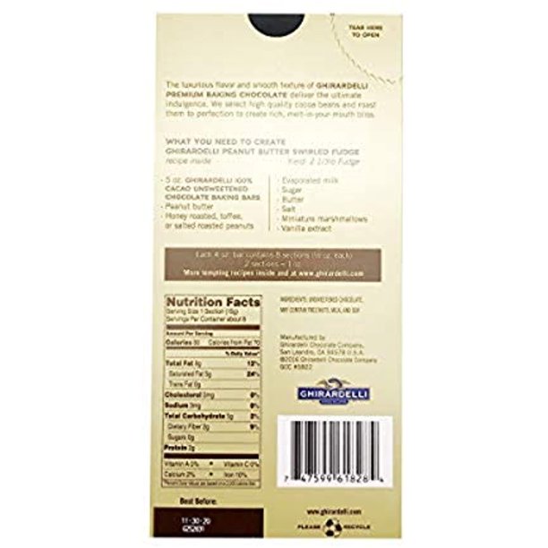 Ghirardelli Premium Baking Bar, 100 Cacao Unsweetened Chocolate, 4 Oz