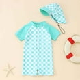 thumbnail image 2 of Swim Shirts for Boys Toddler Baby Boys Checkered Print One Piece Swimsuit with Rash Guard Hat Breathable Quick Dry Upf 50+ Bathing Suits for Teens Green 3 Months-6 Months, 2 of 7