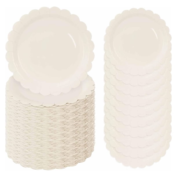 50 platos de papel festoneado marfil de 7 pulgadas desechables de marfil festoneado para boda, baby shower, suministros de fiesta de cumpleaños, plato de postre desechable