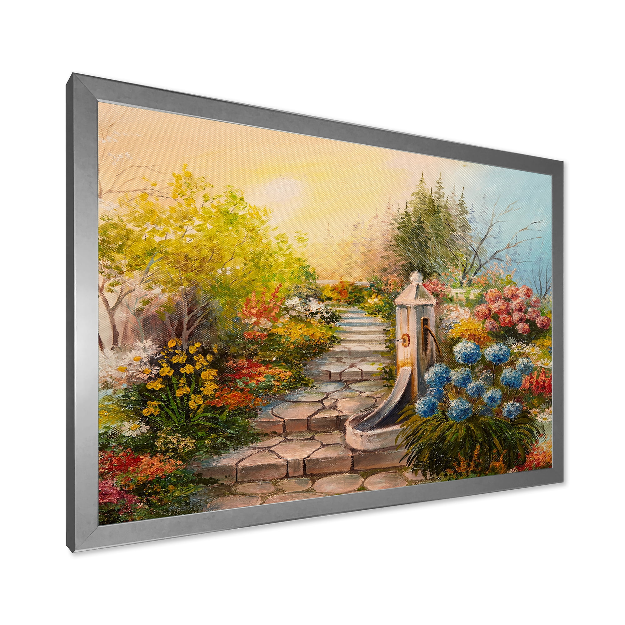 Designart 'Stone Stairs In The Blossoming Flowers Forest' Traditional Framed Art Print
