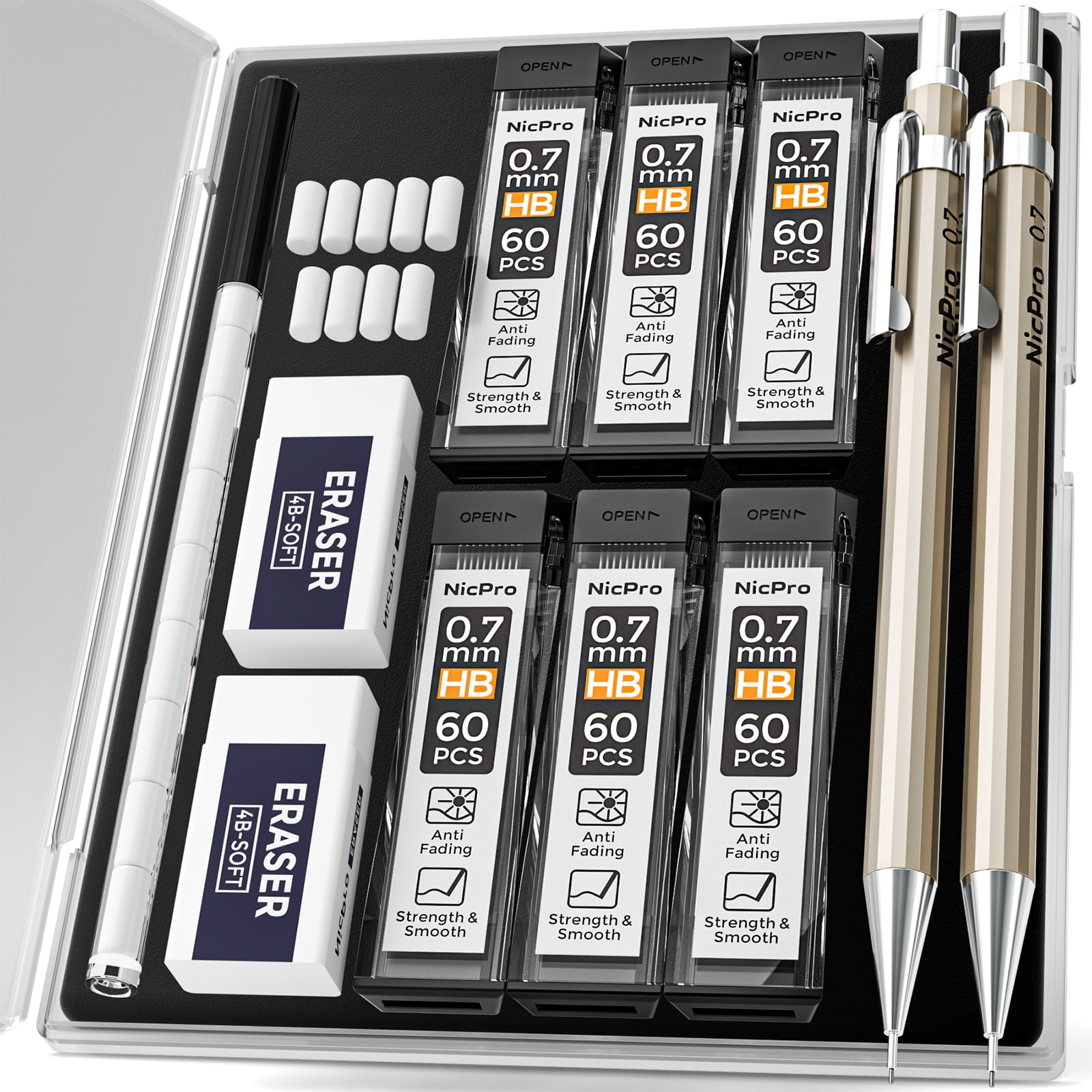 Nicpro Mechanical Pencils Set, 0.5 & 0.7 mm, 4 Tubes HB Lead, 2