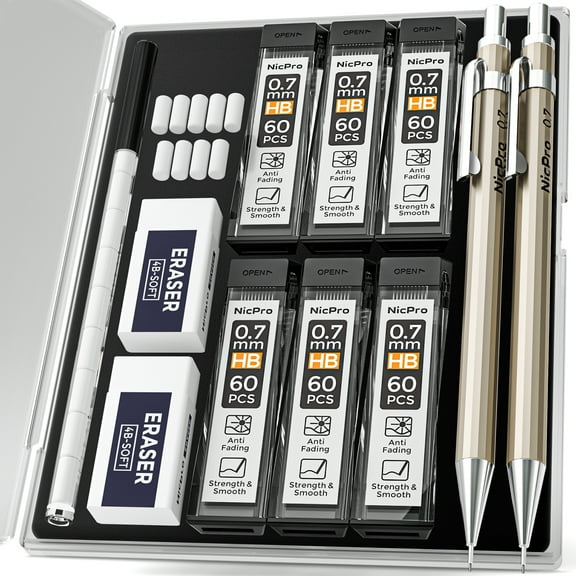 Nicpro 2 Pcs 0.7 mm Metal Mechanical Pencils Set, with 4 Tubes HB Lead Refill & Erasers, Erasers Refills & Storage Case