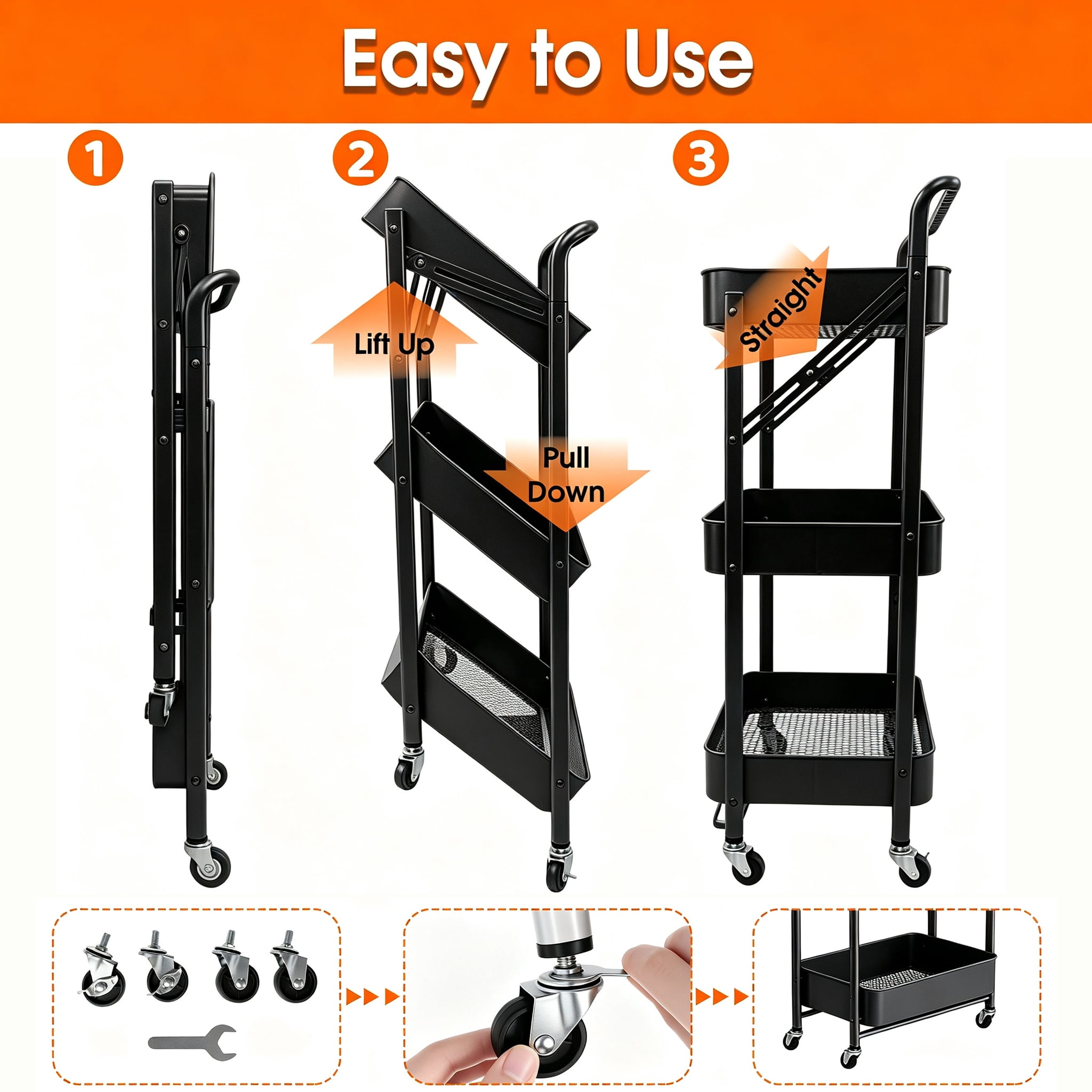 GARITIN 3 Tier Folding Rolling Cart, Folding Utility Cart with Lockable Wheels and Handle, Mobile Foldable Storage Cart Organizer for Kitchen, Bathroom, Office, Living Room, Black