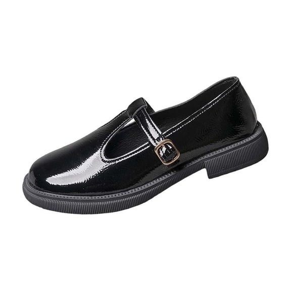 Xfvqtps Womens Vintage Mary Jane Flats T-Strap Glossy Surface Round Toe Casual Shoes Breathable Slip on Walking Shoes with Buckle Comfortable Faux Leather Loafers Black