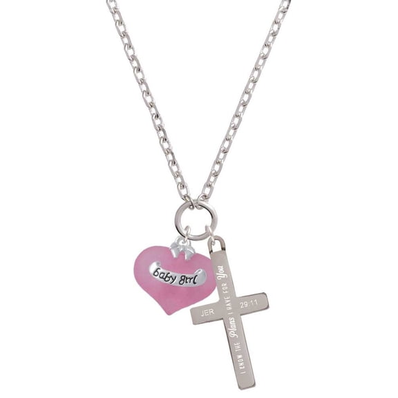 Delight Jewelry Baby Girl Pink Heart with Baby Feet I Have Plans for You Engraved Cross Zoey Necklace, 28"