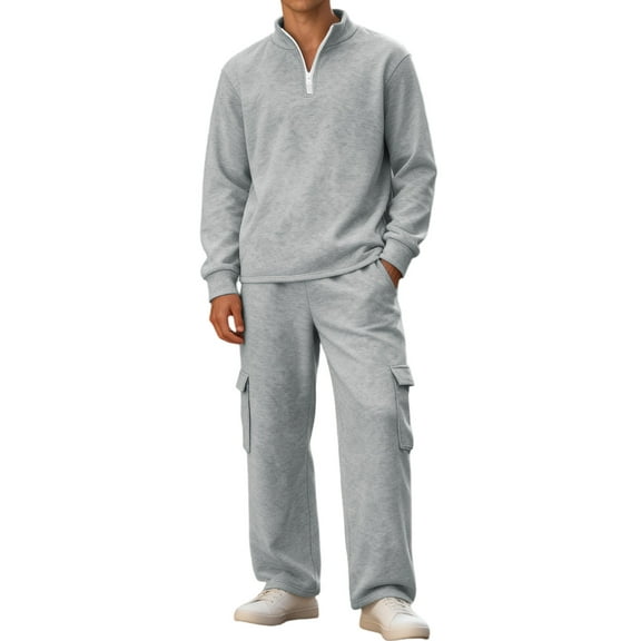 Dresfit Sweatsuits Men Winter Solid Color Sweat Suits Long Sleeve Sweatshirts & Jogging Sweatpants Elastic Waist Running Sweatsuits Sets Warm Gym Outfits Light Gray L