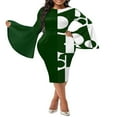 thumbnail image 1 of Women Casual Bodycon Dress  Long Flared Sleeves  Neck Pattern Printed One Piece Skirt, 1 of 4