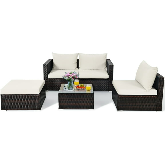 Patiojoy 5-Piece Patio Rattan Conversation Set Ourdoor Sectional Cushioned Sofa with Table
