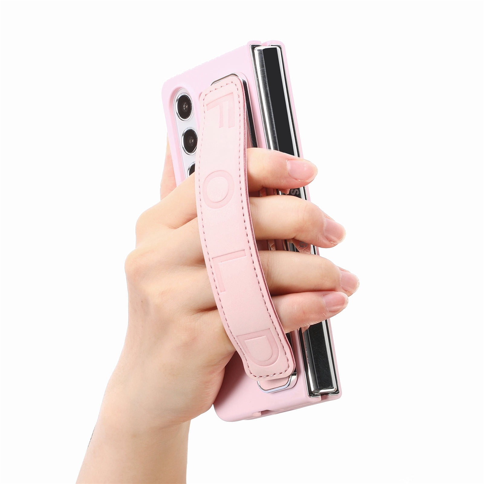 for Samsung Galaxy Z Fold 5 Case with Strap, [Non Slip Silicone Touch] Slim Protective Phone Case with Elastic Finger Wristband, Shockproof PC Cover for Samsung Galaxy Z Fold 5 2023 - Pink