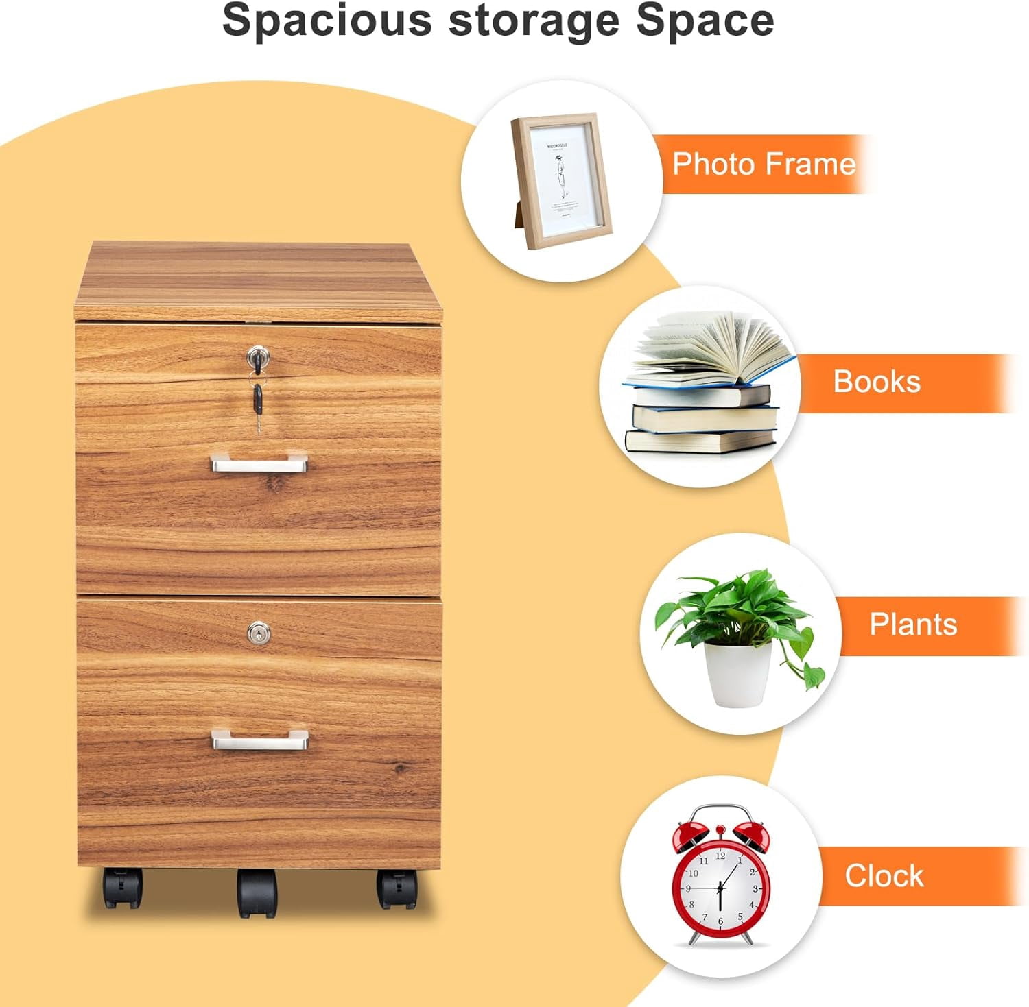 2 Drawer File Cabinet with Lock, Wood Grain Walnut File Cabinet for Letter Size File Folders with Tabs, Under Desk Rolling File Cabinets for Home Office, Mobile Filing Cabinet Printer Stand