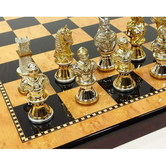 METAL Medieval Times Crusades Gold  Silver Busts Chess Set 18" Walnut Color Bd