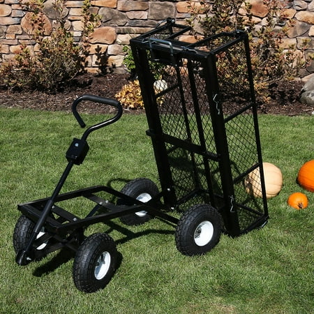 Lawn Garden Wagon - Sunnydaze Utility Steel Dump Garden Cart, Outdoor Lawn Wagon with Removable Sides, Heavy-Duty 660 Pound Capacity, Black