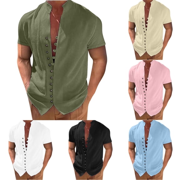 Jinhomg Mens Casual Cotton Linen Shirt Vintage Short Sleeve Frog Button Shirts Plain Stand Collar Summer Beach Hawaiian Tops Clearance Items for Men Army Green XXL