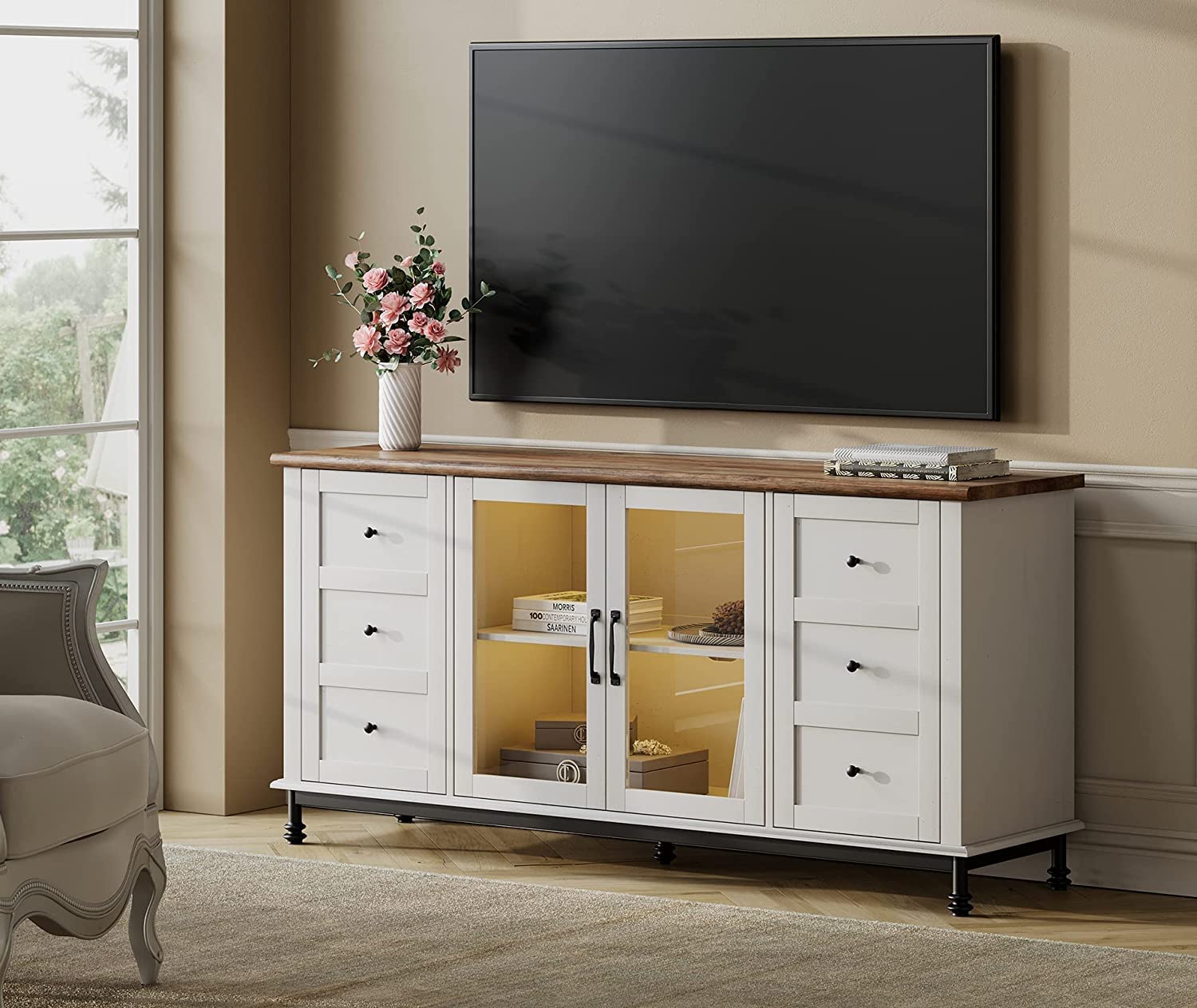 Blue Light Farmhouse White Glass&Wood Television Stand for 75 inch TV,Entertainment Center with 4 Storage Cabinets for Living Room