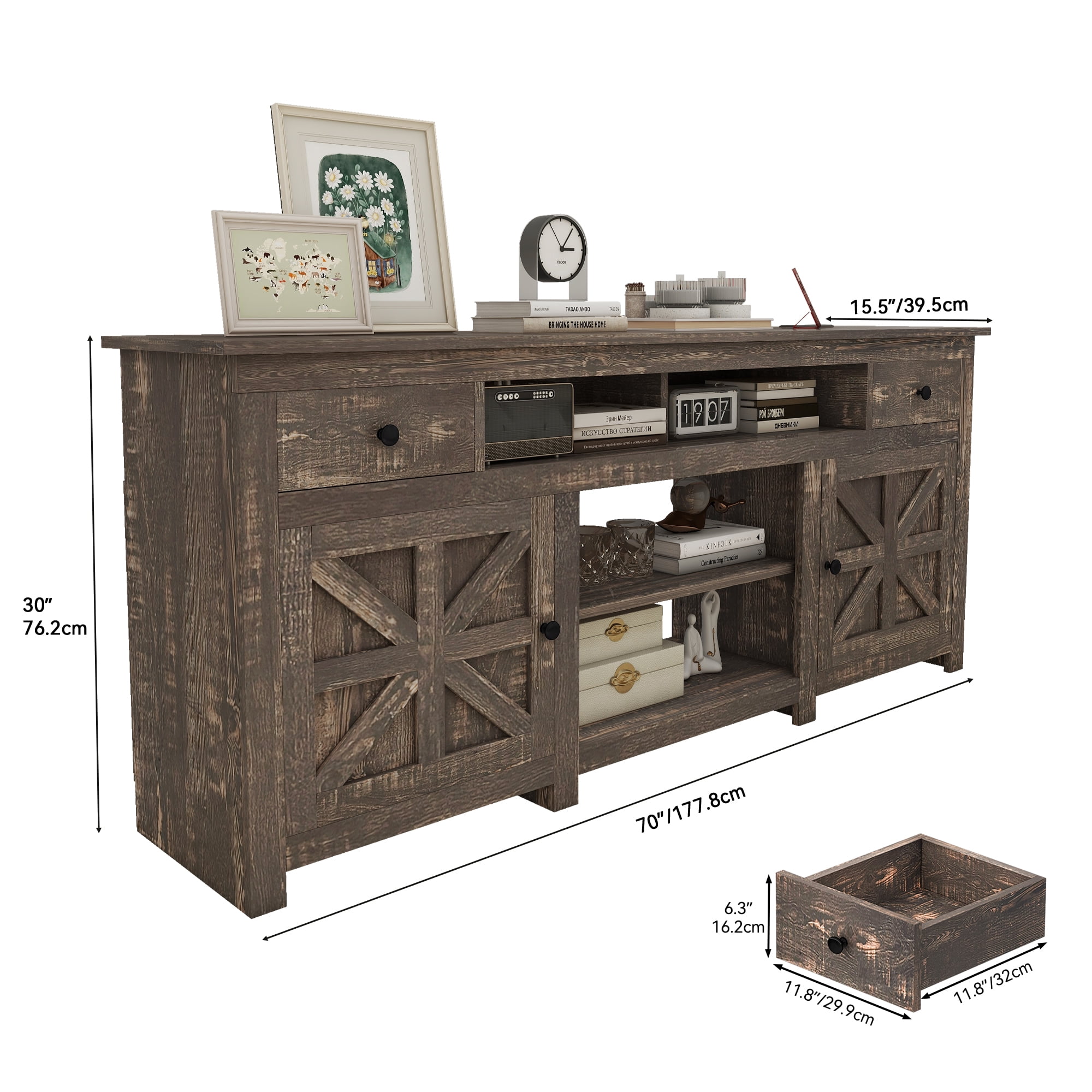 Uforic 70'' Farmhouse TV Stand, Entertainment Center with 2 Shelves, Suitable for TVs up to 80'',Oak