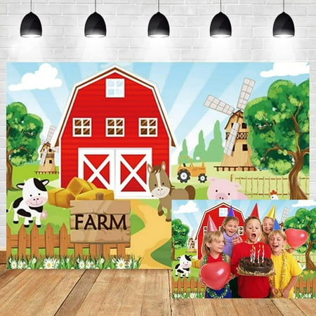 Image of OERJU 10x6.5ft Cartoon Animal Farm Backdrop Red House Windmill Zoo Cute Pig Dairy Cow Animal Background Kids Happy