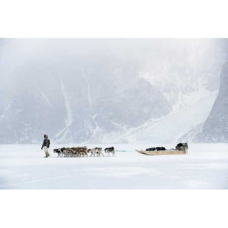 Inuit Hunter Walking His Dog Team on the Sea Ice in a Snow Storm, Greenland, Denmark, Polar Regions Print Wall Art By Louise
