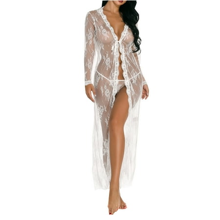 

Mrat Cardigan Women s Casual Coat Ladies Lace One-Piece Underwear Cardigan Long Nightgown See-Through Pajamas Female Long Sleeve Jacket