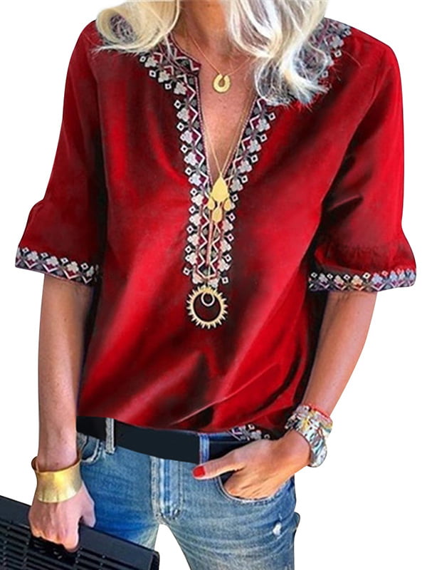 Floral Fashion Elegant Short Sleeve T-Shirt Jumper Loose Top Casual V Neck Solid