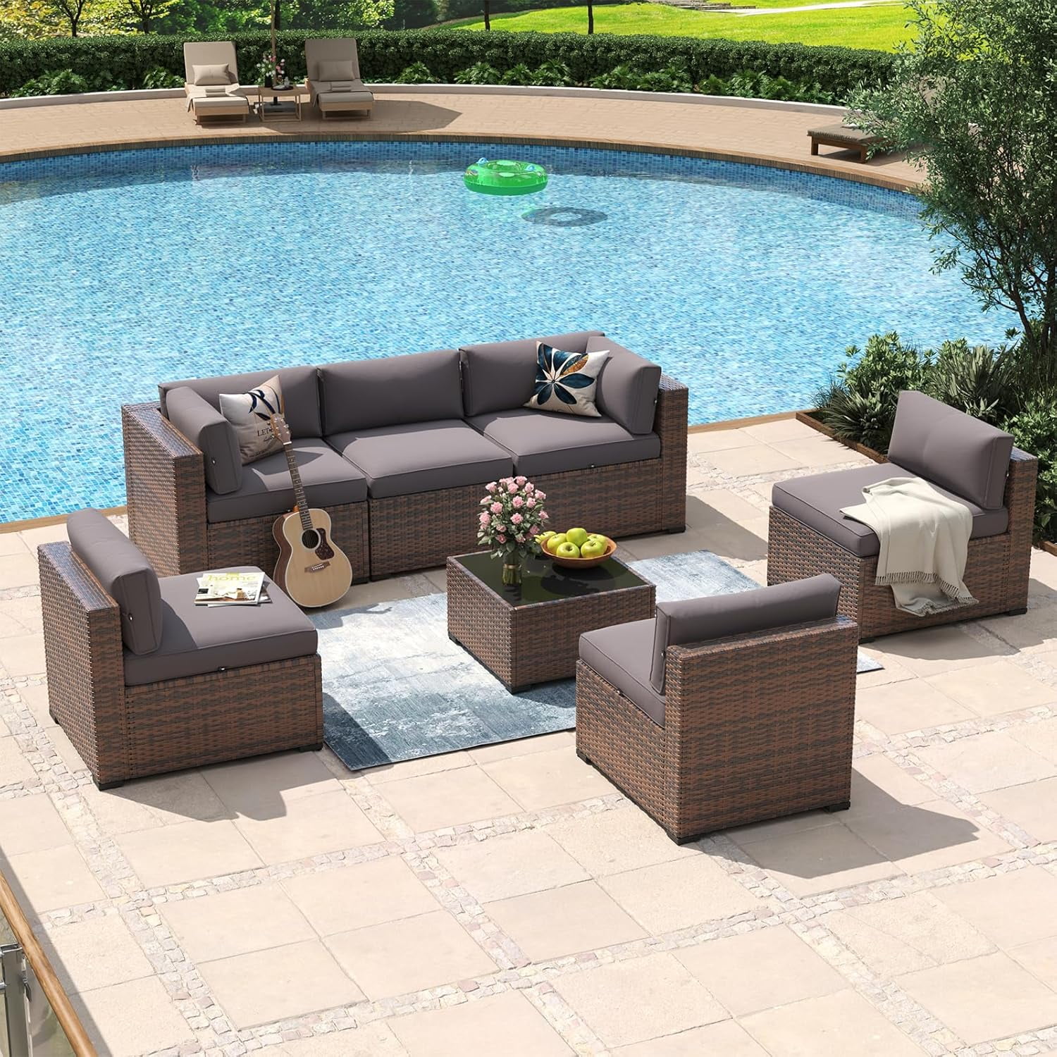 Aoxun 7 Piece Patio Furniture Set Wicker Rattan Patio Conversation Set Outdoor Sectional Sofa Set with Coffee Table and 4” Thickened Cushions, Gray(Waterproof Cover Included)