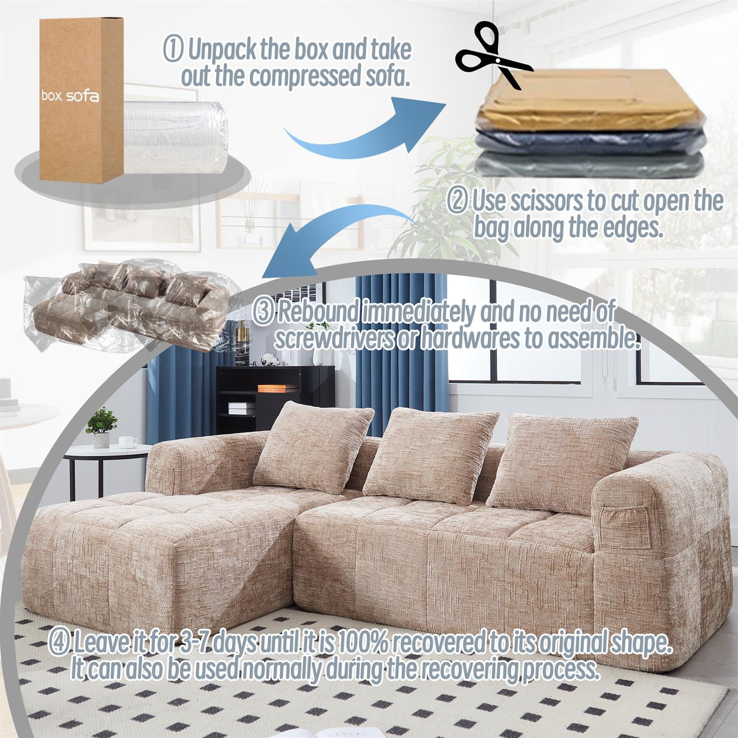 Demi Bonn 98" L-Shaped Modular Sectional Sofa with Chaise, Side Pockets, Modern Comfort Couch, Compression-Free Installation for Living Room, Beige