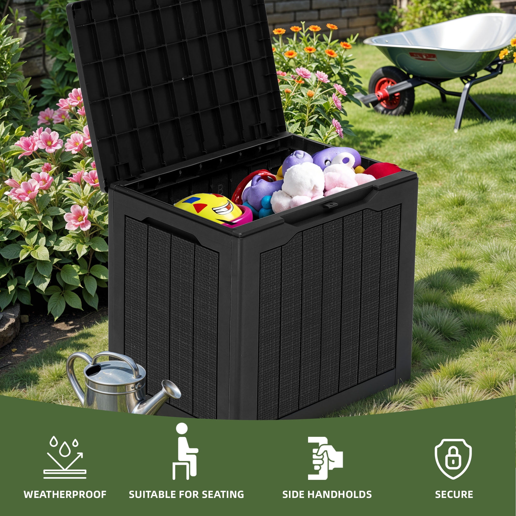 Uforic 30 Gallon Outdoor Resin Deck Box, Weatherproof Rattan Storage Box, Lockable, Black