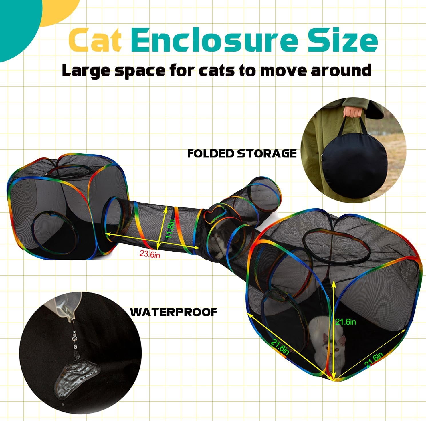 Outdoor Rainbow Cat Enclosures Playground,Outside House for Indoor Cats Include Portable Tent, 3 Way with 2 Cube Tunnel, for Kitty and Small Animals,Within Storage Bag