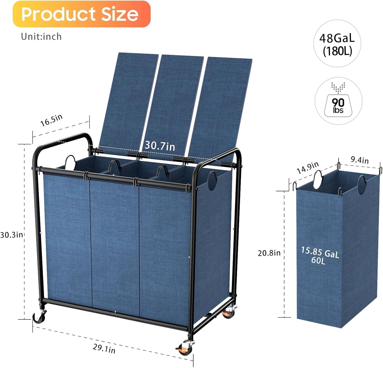 180L (47.55 Gal) Laundry Sorter 3 Section, Rolling Laundry Basket with Lockable Wheels and Lid, Laundry Hamper with 3 Separated Removable Bags Dirty Clothes Hamper for Laundry Room Organizer, Blue