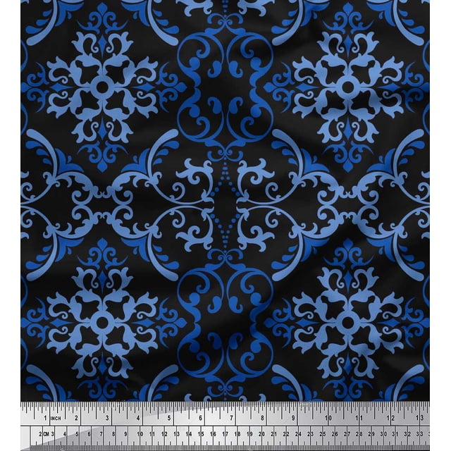 Soimoi Black Heavy Canvas Fabric Filigree Damask Print Sewing Fabric Yard 58 Inch Wide