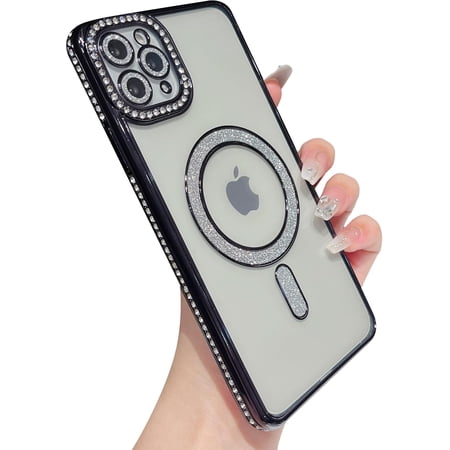 for iPhone 11 Pro Max Case,Glitter Bling Clear Magnetic Compatible with MagSafe Wireless Charging (Black)