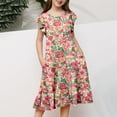 thumbnail image 4 of JIAYUE Girls Spring Dresses Short Sleeve Floral Drop Shoulder Crew Neck Peasant Mid Length Comfortable For Children Casual Playwear, 4 of 6