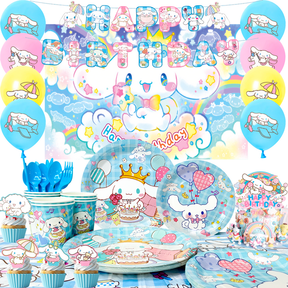 Cinnamoroll Birthday Party Supplies, 108Pcs Cinnamoroll Birthday Decorations and Cinnamoroll Party Tableware Set - Cinnamoroll Birthday Plates Tablecloths Banners Backdrop etc. for Cinnamoroll Party
