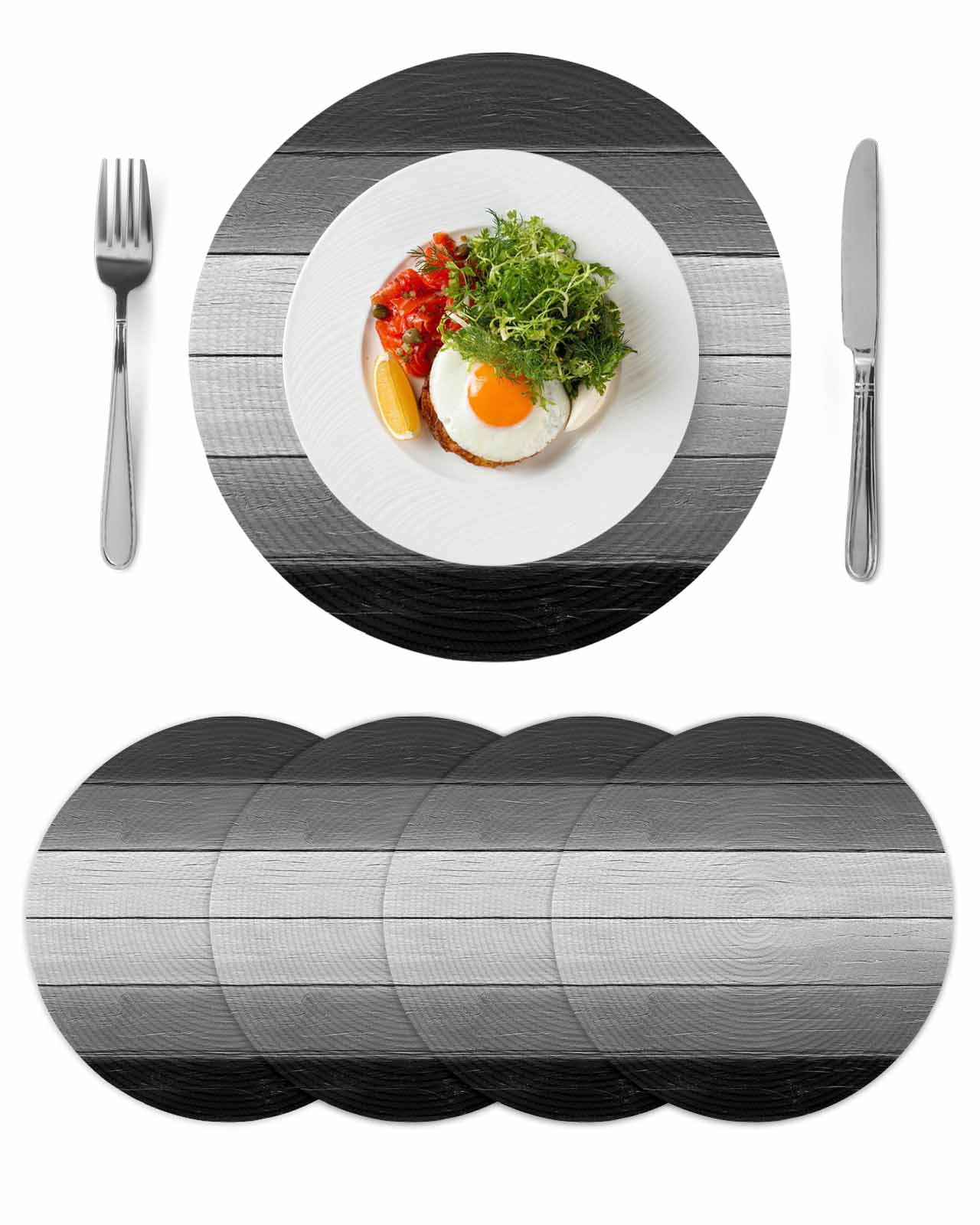 Round Placemats Set of 4 Black Wood Grain Place Mats Washable Woven Placemat Grey Gradient Wooden Circle Braided Table Mat for Kitchen Dining Table Party Home Decor 15 Inch