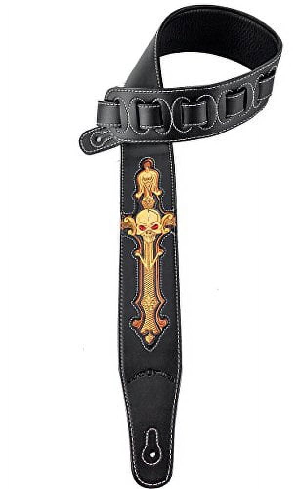 Walker & Williams CVG-24 Black & Gold Guitar Strap Hand Tooled Skull Design