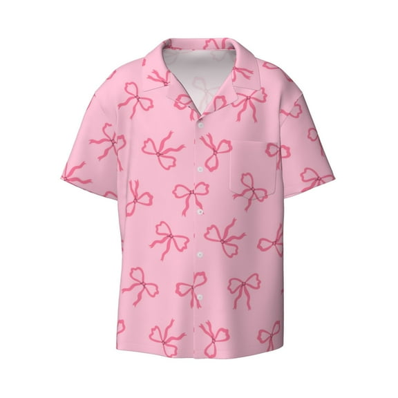 Ratiio Pink Bows Print Mens Casual Short Sleeve Shirts Button Down Textured Shirts Summer Beach Shirt with Pocket Men's Casual Short-sleeved Shirt