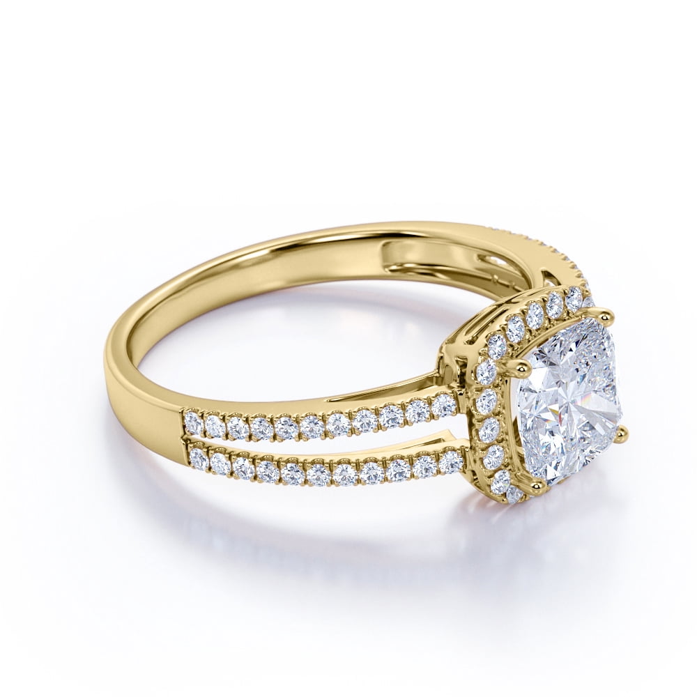 JeenMata 1.25 Carat Cushion Cut Moissanite - Halo - Split Shank Engagement Ring - 18K Yellow Gold Plating Over Silver