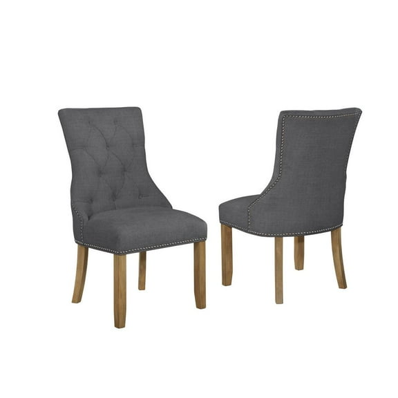 Dark Gray Linen Fabric Dining Chairs with Rustic Oak Wood (Set of 2)